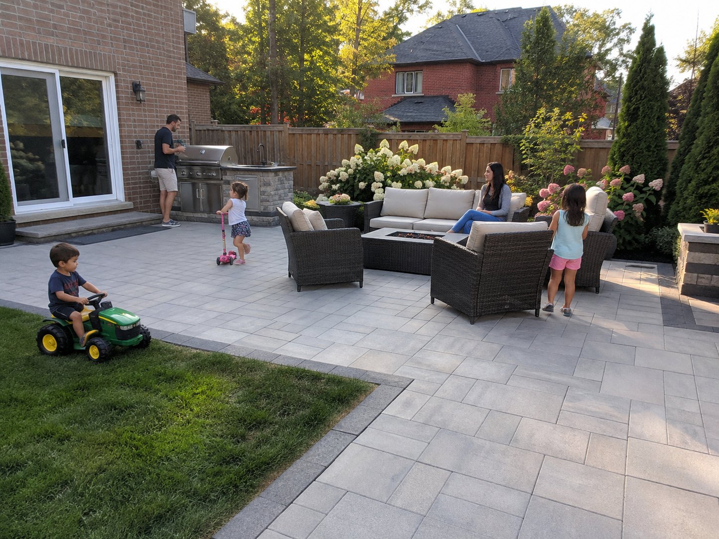 AI-generated illustration of a family-friendly interlocking backyard patio in the GTA